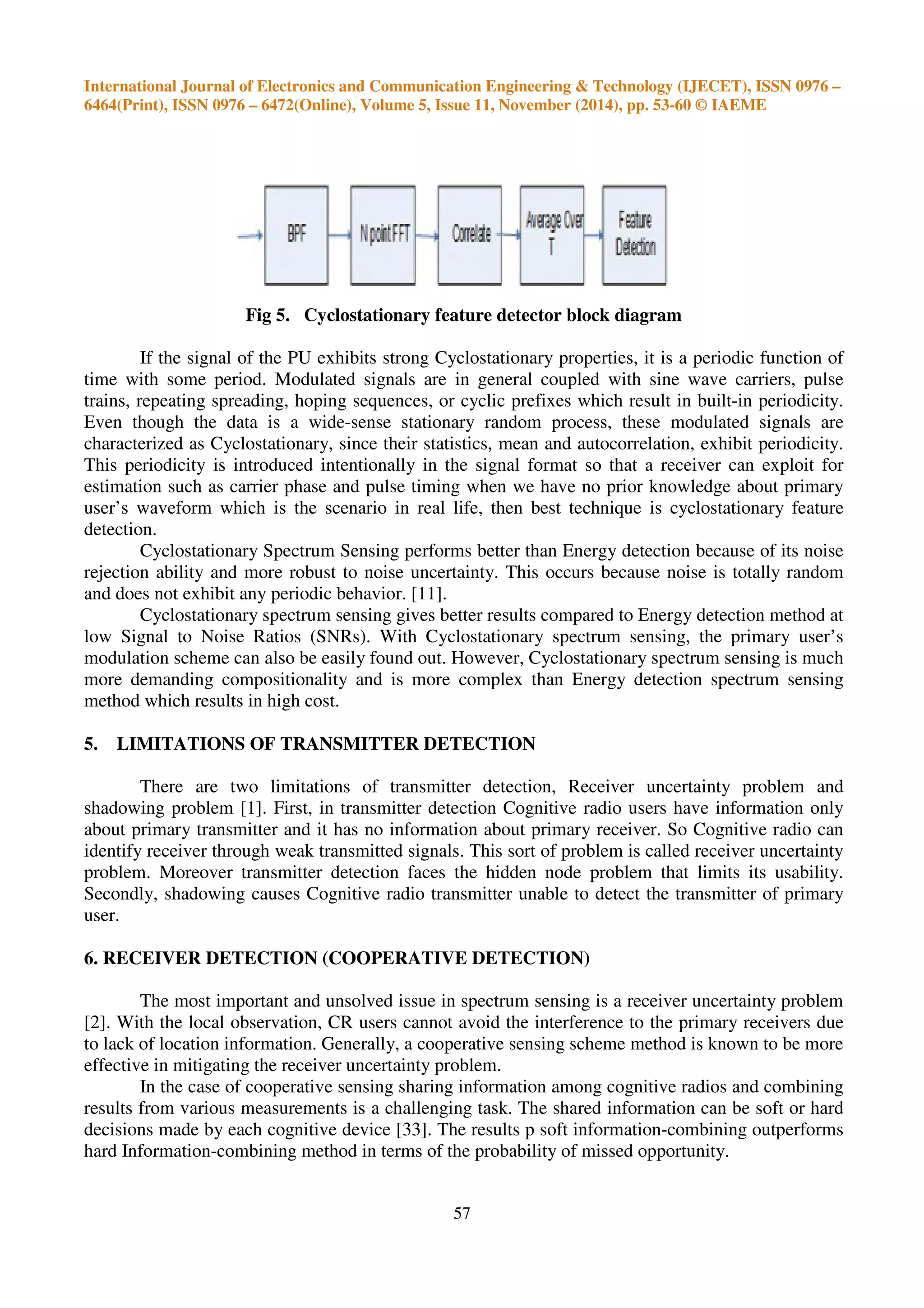 International Journal of Electronics and Communication Engineering & Technology (IJECET), ISSN 0976 –
6464(Print), ISSN 0976 – 6472(Online), Volume 5, Issue 11, November (2014), pp. 53-60 © IAEME
57
Fig 5. Cyclostationary feature detector block diagram
If the signal of the PU exhibits strong Cyclostationary properties, it is a periodic function of
time with some period. Modulated signals are in general coupled with sine wave carriers, pulse
trains, repeating spreading, hoping sequences, or cyclic prefixes which result in built-in periodicity.
Even though the data is a wide-sense stationary random process, these modulated signals are
characterized as Cyclostationary, since their statistics, mean and autocorrelation, exhibit periodicity.
This periodicity is introduced intentionally in the signal format so that a receiver can exploit for
estimation such as carrier phase and pulse timing when we have no prior knowledge about primary
user’s waveform which is the scenario in real life, then best technique is cyclostationary feature
detection.
Cyclostationary Spectrum Sensing performs better than Energy detection because of its noise
rejection ability and more robust to noise uncertainty. This occurs because noise is totally random
and does not exhibit any periodic behavior. [11].
Cyclostationary spectrum sensing gives better results compared to Energy detection method at
low Signal to Noise Ratios (SNRs). With Cyclostationary spectrum sensing, the primary user’s
modulation scheme can also be easily found out. However, Cyclostationary spectrum sensing is much
more demanding compositionality and is more complex than Energy detection spectrum sensing
method which results in high cost.
5. LIMITATIONS OF TRANSMITTER DETECTION
There are two limitations of transmitter detection, Receiver uncertainty problem and
shadowing problem [1]. First, in transmitter detection Cognitive radio users have information only
about primary transmitter and it has no information about primary receiver. So Cognitive radio can
identify receiver through weak transmitted signals. This sort of problem is called receiver uncertainty
problem. Moreover transmitter detection faces the hidden node problem that limits its usability.
Secondly, shadowing causes Cognitive radio transmitter unable to detect the transmitter of primary
user.
6. RECEIVER DETECTION (COOPERATIVE DETECTION)
The most important and unsolved issue in spectrum sensing is a receiver uncertainty problem
[2]. With the local observation, CR users cannot avoid the interference to the primary receivers due
to lack of location information. Generally, a cooperative sensing scheme method is known to be more
effective in mitigating the receiver uncertainty problem.
In the case of cooperative sensing sharing information among cognitive radios and combining
results from various measurements is a challenging task. The shared information can be soft or hard
decisions made by each cognitive device [33]. The results p soft information-combining outperforms
hard Information-combining method in terms of the probability of missed opportunity.
 