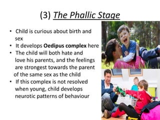 (3) The Phallic Stage
• Child is curious about birth and
sex
• It develops Oedipus complex here
• The child will both hate and
love his parents, and the feelings
are strongest towards the parent
of the same sex as the child
• If this complex is not resolved
when young, child develops
neurotic patterns of behaviour
 