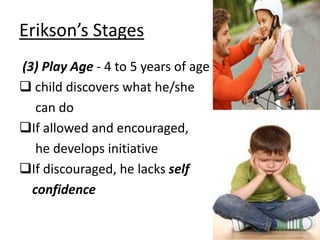 Erikson’s Stages
(3) Play Age - 4 to 5 years of age
 child discovers what he/she
can do
If allowed and encouraged,
he develops initiative
If discouraged, he lacks self
confidence
 