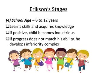 Erikson’s Stages
(4) School Age – 6 to 12 years
Learns skills and acquires knowledge
If positive, child becomes industrious
If progress does not match his ability, he
develops inferiority complex
 
