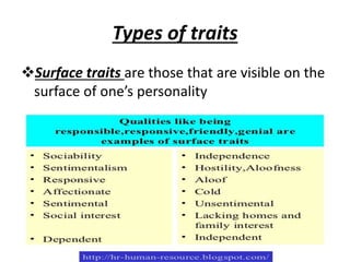 Types of traits
Surface traits are those that are visible on the
surface of one’s personality
 