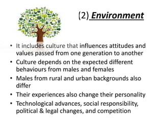 (2) Environment
• It includes culture that influences attitudes and
values passed from one generation to another
• Culture depends on the expected different
behaviours from males and females
• Males from rural and urban backgrounds also
differ
• Their experiences also change their personality
• Technological advances, social responsibility,
political & legal changes, and competition
 