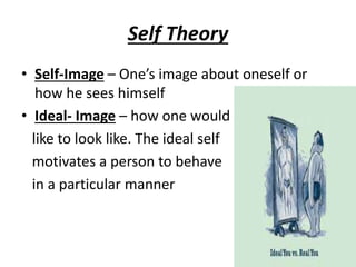 Self Theory
• Self-Image – One’s image about oneself or
how he sees himself
• Ideal- Image – how one would
like to look like. The ideal self
motivates a person to behave
in a particular manner
 