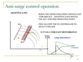 Anti-surge control operation
16
ADAPTIVE GAIN
SLL
SCL
b
WHEN THE OPERATING POINT MOVES FAST
TOWARD SCL , ADAPTIVE GAIN MOVES
THE SCL TOWARD OPERATING POINT
THIS ALLOWS THE PI CONTROLLER TO
REACT EARLIER
SUITABLE FOR FAST DISTURBANCE
Large disturbance
Output
to valve
Tim
e
PI Control
Total
C
 