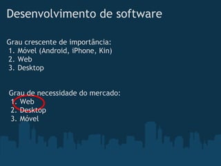 Desenvolvimento de software

Grau crescente de importância:
1. Móvel (Android, iPhone, Kin)
2. Web
3. Desktop


Grau de necessidade do mercado:
1. Web
2. Desktop
3. Móvel
 