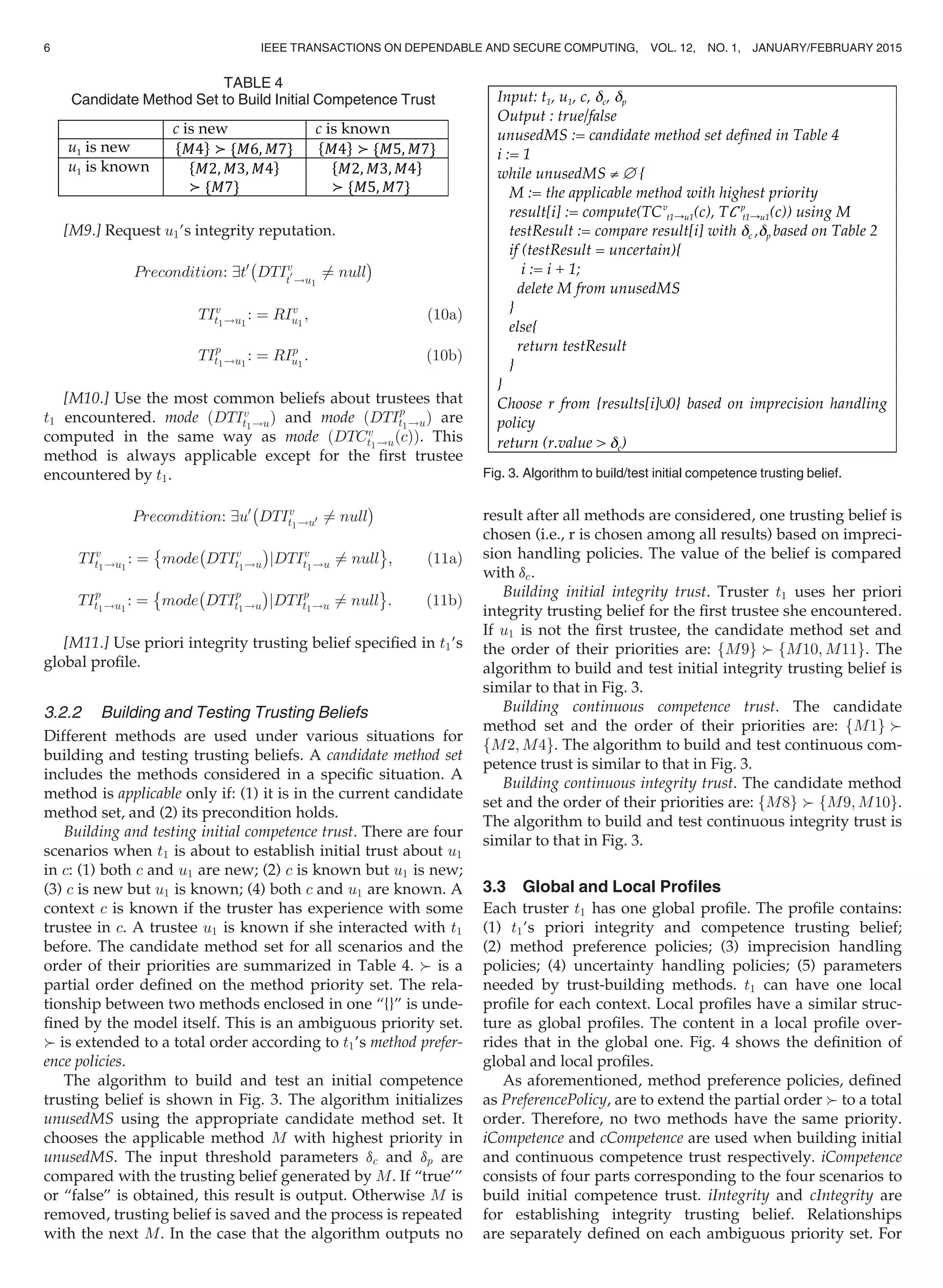 [M9.] Request u1’s integrity reputation.
Precondition: 9t0
À
DTIv
t
0
!u1
6¼ null
Á
TIv
t1!u1
: ¼ RIv
u1
; (10a)
TIp
t1!u1
: ¼ RIp
u1
: (10b)
[M10.] Use the most common beliefs about trustees that
t1 encountered. mode ðDTIv
t1!uÞ and mode ðDTIp
t1!uÞ are
computed in the same way as mode ðDTCv
t1!uðcÞÞ. This
method is always applicable except for the ﬁrst trustee
encountered by t1.
Precondition: 9u0
À
DTIv
t1!u0 6¼ null
Á
TIv
t1!u1
: ¼
È
mode
À
DTIv
t1!u
Á
jDTIv
t1!u 6¼ null
É
; (11a)
TIp
t1!u1
: ¼
È
mode
À
DTIp
t1!u
Á
jDTIp
t1!u 6¼ null
É
: (11b)
[M11.] Use priori integrity trusting belief speciﬁed in t1’s
global proﬁle.
3.2.2 Building and Testing Trusting Beliefs
Different methods are used under various situations for
building and testing trusting beliefs. A candidate method set
includes the methods considered in a speciﬁc situation. A
method is applicable only if: (1) it is in the current candidate
method set, and (2) its precondition holds.
Building and testing initial competence trust. There are four
scenarios when t1 is about to establish initial trust about u1
in c: (1) both c and u1 are new; (2) c is known but u1 is new;
(3) c is new but u1 is known; (4) both c and u1 are known. A
context c is known if the truster has experience with some
trustee in c. A trustee u1 is known if she interacted with t1
before. The candidate method set for all scenarios and the
order of their priorities are summarized in Table 4. 1 is a
partial order deﬁned on the method priority set. The rela-
tionship between two methods enclosed in one “{}” is unde-
ﬁned by the model itself. This is an ambiguous priority set.
1 is extended to a total order according to t1’s method prefer-
ence policies.
The algorithm to build and test an initial competence
trusting belief is shown in Fig. 3. The algorithm initializes
unusedMS using the appropriate candidate method set. It
chooses the applicable method M with highest priority in
unusedMS. The input threshold parameters dc and dp are
compared with the trusting belief generated by M. If “true’”
or “false” is obtained, this result is output. Otherwise M is
removed, trusting belief is saved and the process is repeated
with the next M. In the case that the algorithm outputs no
result after all methods are considered, one trusting belief is
chosen (i.e., r is chosen among all results) based on impreci-
sion handling policies. The value of the belief is compared
with dc.
Building initial integrity trust. Truster t1 uses her priori
integrity trusting belief for the ﬁrst trustee she encountered.
If u1 is not the ﬁrst trustee, the candidate method set and
the order of their priorities are: M9f g 1 fM10; M11g. The
algorithm to build and test initial integrity trusting belief is
similar to that in Fig. 3.
Building continuous competence trust. The candidate
method set and the order of their priorities are: M1f g 1
fM2; M4g. The algorithm to build and test continuous com-
petence trust is similar to that in Fig. 3.
Building continuous integrity trust. The candidate method
set and the order of their priorities are: M8f g 1 fM9; M10g.
The algorithm to build and test continuous integrity trust is
similar to that in Fig. 3.
3.3 Global and Local Proﬁles
Each truster t1 has one global proﬁle. The proﬁle contains:
(1) t1’s priori integrity and competence trusting belief;
(2) method preference policies; (3) imprecision handling
policies; (4) uncertainty handling policies; (5) parameters
needed by trust-building methods. t1 can have one local
proﬁle for each context. Local proﬁles have a similar struc-
ture as global proﬁles. The content in a local proﬁle over-
rides that in the global one. Fig. 4 shows the deﬁnition of
global and local proﬁles.
As aforementioned, method preference policies, deﬁned
as PreferencePolicy, are to extend the partial order 1 to a total
order. Therefore, no two methods have the same priority.
iCompetence and cCompetence are used when building initial
and continuous competence trust respectively. iCompetence
consists of four parts corresponding to the four scenarios to
build initial competence trust. iIntegrity and cIntegrity are
for establishing integrity trusting belief. Relationships
are separately deﬁned on each ambiguous priority set. For
TABLE 4
Candidate Method Set to Build Initial Competence Trust
Fig. 3. Algorithm to build/test initial competence trusting belief.
6 IEEE TRANSACTIONS ON DEPENDABLE AND SECURE COMPUTING, VOL. 12, NO. 1, JANUARY/FEBRUARY 2015
 