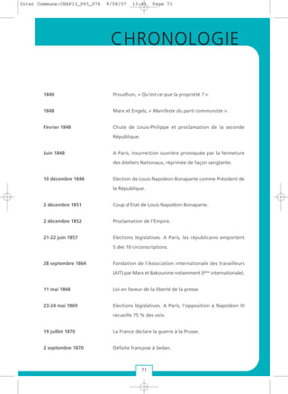1840 Proudhon, « Qu’est-ce que la propriété ? ».
1848 Marx et Engels, « Manifeste du parti communiste ».
Février 1848 Chute de Louis-Philippe et proclamation de la seconde
République.
Juin 1848 A Paris, insurrection ouvrière provoquée par la fermeture
des Ateliers Nationaux, réprimée de façon sanglante.
10 décembre 1848 Election de Louis Napoléon Bonaparte comme Président de
la République.
2 décembre 1851 Coup d’Etat de Louis Napoléon Bonaparte.
2 décembre 1852 Proclamation de l’Empire.
21-22 juin 1857 Elections législatives. A Paris, les républicains emportent
5 des 10 circonscriptions.
28 septembre 1864 Fondation de l’Association internationale des travailleurs
(AIT) par Marx et Bakounine notamment (Ième
internationale).
11 mai 1868 Loi en faveur de la liberté de la presse.
23-24 mai 1869 Elections législatives. A Paris, l’opposition à Napoléon III
recueille 75 % des voix.
19 juillet 1870 La France déclare la guerre à la Prusse.
2 septembre 1870 Défaite française à Sedan.
71
CHRONOLOGIE
Inter Commune:CHAP13_P65_P76 9/08/07 13:41 Page 71
 