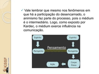  Vale lembrar que mesmo nos fenômenos em
que há a participação do desencarnado, o
animismo faz parte do processo, pois o médium
é o intermediário. Logo, como exposto por
Kardec, o médium exerce influência na
comunicação.
 