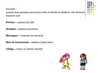 Exemplo: quando duas pessoas comunicam entre si através do telefone, não devemos esquecer que: Emissor –  pessoa que fala  Receptor –  pessoa que escuta  Mensagem –  conteúdo da conversa  Meio de transmissão –  telefone (neste caso) Código –  língua ou idioma utilizado.  
