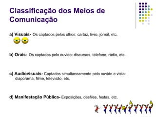 Classificação dos Meios de Comunicação a) Visuais-   Os captados pelos olhos: cartaz, livro, jornal, etc. b) Orais-   Os captados pelo ouvido: discursos, telefone, rádio, etc. c) Audiovisuais-  Captados simultaneamente pelo ouvido e vista: diaporama, filme, televisão, etc. d) Manifestação Pública-  Exposições, desfiles, festas, etc.  
