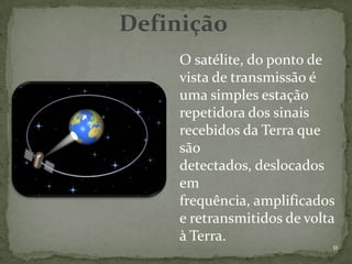 Definição
     O satélite, do ponto de
     vista de transmissão é
     uma simples estação
     repetidora dos sinais
     recebidos da Terra que
     são
     detectados, deslocados
     em
     frequência, amplificados
     e retransmitidos de volta
     à Terra.
                             11
 