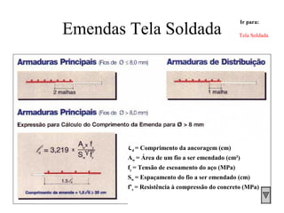 Emendas Tela Soldada
ld = Comprimento da ancoragem (cm)
Aw = Área de um fio a ser emendado (cm²)
fy = Tensão de escoamento do aço (MPa)
Sw = Espaçamento do fio a ser emendado (cm)
f’c = Resistência à compressão do concreto (MPa)
Ir para:
Tela Soldada
 