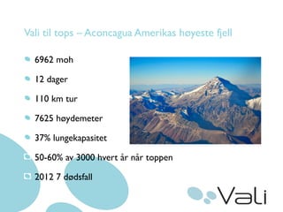 Vali til tops – Aconcagua Amerikas høyeste fjell
6962 moh
12 dager
110 km tur
7625 høydemeter
37% lungekapasitet
50-60% av 3000 hvert år når toppen
2012 7 dødsfall

 