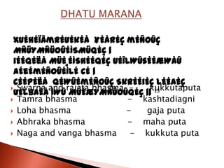 xuÉhÉïÂmrÉuÉkÉå ¥ÉårÉÇ mÉÑOûÇ
 MÑüYMÑüOûÉÌSMüqÉç |
 iÉÉqÉëå MüÉ¸ÉÌShÉÉqÉç uÉÎlWûsÉÉæWåû
 aÉeÉmÉÑOûÉÌlÉ cÉ |
 cÉÉpÉëå qÉWûÉmÉÑOûÇ SkrÉÉiÉç lÉÉaÉç
 Swarna and rajata bhasma -   kukkutaputa
 uÉlbaÉå ÌWû MüÉæYMÑüOûqÉç || 13
 Tamra bhasma             - kashtadiagni
 Loha bhasma              -  gaja puta
 Abhraka bhasma           - maha puta
 Naga and vanga bhasma     - kukkuta puta
 