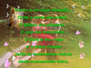 Vamos a um lugar tranquilo ... Onde o verde das matas ... O gorjeio dos pássaros ...  O voar das borboletas ... O dançar dos anjos e  o nosso Criador serão as testemunhas únicas  deste momemento único.  