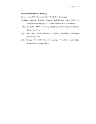 P a g e | 133
References for Further Reading
Bauer, Laura. 2001. Vocabulary. New York, NY: Routledge
Fromkin, Victoria, Rodman, Robert, and Hyams, Nina. 2011. An
Introduction to Language (9th
Edition). Boston, MA: Wadsworth
Lieber, Rochelle. 2009. Introducing Morphology. Cambridge: Cambridge
University Press
Plag, Ingo. 2002. Word-Formation in English. Cambridge: Cambridge
University Press
Yule, George. 2010. The Study of Language (4th
Edition). Cambridge:
Cambridge University Press
 