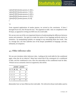 pline[15.]{U} [modus ponens, 6, 14]
pline[16.]{V} [modus ponens, 7, 15]
pline[17.]{W} [modus ponens, 8, 16]
pline[18.]{X} [modus ponens, 9, 17]
pline[19.]{Y} [modus ponens, 10, 18]
}
]
From repeated applications of modus ponens, we arrived at the conclusion. If lines 1
through 10 are true, line 19 must be true. The argument is valid. And, we completed it with
19 steps, as opposed to writing out 1024 rows of a truth table.
We can see now one of the very important features of understanding the difference between
syntax and semantics. Our goal is to make the syntax of our language perfectly mirror its
semantics. By manipulating symbols, we manage to say something about the world. This
is a strange fact, one that underlies one of the deeper possibilities of language, and also,
ultimately, of computers.
4.3 Other inference rules
We can now introduce other inference rules. Looking at the truth table for the conditional
again, what else do we observe? Many have noted that if the consequent of a conditional
is false, and the conditional is true, then the antecedent of the conditional must be false.
Written out as a semantic check on arguments, this will be:
premise premise
Φ Ψ (Φ→Ψ) ¬Ψ ¬Φ
T T T F F
T F F T F
F T T F T
F F T T T
(Remember how we have filled out the truth table. We referred to those truth tables used to
4. Proofs | 59
 