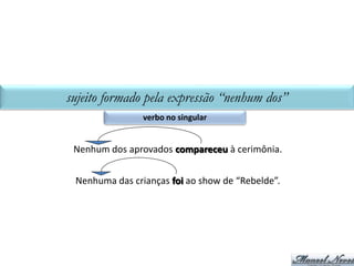 SUJEITO	FORMADO	PELO	PRONOME	RELATIVO	“QUEM”
o	verbo	fica	na	terceira	pessoa	do	singular
Então	Rodrigo	disse:	“Sou	eu	quem	paga	a	conta”.
Somos	nós	quem	passará	nas	primeiras	colocações.
És	tu	quem	será	tatuado	amanhã	pela	manhã.
 