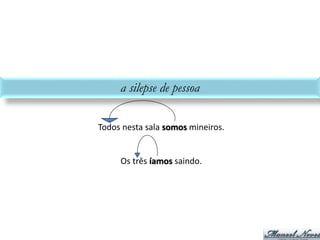 A	SILEPSE	DE	PESSOA
Todos	nesta	sala	somos	mineiros.
Os	três	íamos	saindo.
 
