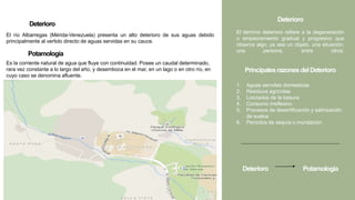 El río Albarregas (Mérida-Venezuela) presenta un alto deterioro de sus aguas debido
principalmente al vertido directo de aguas servidas en su cauce.
Deterioro
Deterioro Potamología
El término deterioro refiere a la degeneración
o empeoramiento gradual y progresivo que
observa algo, ya sea un objeto, una situación,
una persona, entre otros.
PrincipalesrazonesdelDeterioro
1. Aguas servidas domesticas
2. Residuos agrícolas
3. Lixiviados de la basura
4. Consumo irreflexivo
5. Procesos de desertificación y salinización
de suelos
6. Períodos de sequía o inundación
Potamología
Deterioro
Es la corriente natural de agua que fluye con continuidad. Posee un caudal determinado,
rara vez constante a lo largo del año, y desemboca en el mar, en un lago o en otro río, en
cuyo caso se denomina afluente.
 