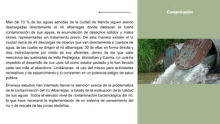 Más del 70 % de las aguas servidas de la ciudad de Mérida siguen siendo
descargadas directamente al rió albarregas donde destacan la fuerte
contaminación de sus aguas, la acumulación de desechos sólidos y malos
olores, representadas sin tratamiento previo. De esta manera existen el la
ciudad cerca de 49 descargas de cloacas que van directamente a cuerpos de
agua, de las cuales se dirigen al rió albarregas: 30 de ellas en forma directa y
diez indirectamente por medo de sus afluentes, dentro de los que cabe
mencionar las quebradas de milla Pedregosa, Montalbán y Gaviria. Lo cual ha
impedido el desarrollo de sus usos tal como estaba pautado y lo han llevado
cada vez más al abandono. Limitándose el uso del mismo para actividades
recreativas y de esparcimiento y lo convierten en un potencial peligro de salud
pública.
Diversos estudios han intentado llamar la atención acerca de la problemática
de la contaminación del río Albarregas, a través de la evaluación de la calidad
de sus aguas Todos el elevado nivel de contaminación bacteriológica del río,
lo que hace necesaria la implementación de un sistema de saneamiento del
río y de rescate de las zonas aledañas.
Contaminación
 