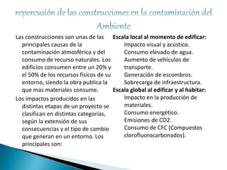 Las construcciones son unas de las
principales causas de la
contaminación atmosférica y del
consumo de recurso naturales. Los
edificios consumen entre un 20% y
el 50% de los recursos físicos de su
entorno, siendo la obra publica la
que mas materiales consume.
Los impactos producidos en las
distintas etapas de un proyecto se
clasifican en distintas categorías,
según la extensión de sus
consecuencias y el tipo de cambio
que generan en un entorno. Los
principales son:
Escala local al momento de edificar:
Impacto visual y acústico.
Consumo elevado de agua.
Aumento de vehículos de
transporte.
Generación de escombros.
Sobrecarga de infraestructura.
Escala global al edificar y al habitar:
Impacto en la producción de
materiales.
Consumo energético.
Emisiones de CO2.
Consumo de CFC (Compuestos
clorofluorocarbonados).
 