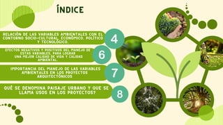 ÍNDICE
RELACIÓN DE LAS VARIABLES AMBIENTALES CON EL
CONTORNO SOCIO-CULTURAL, ECONÓMICO, POLÍTICO
Y TECNOLÓGICO.
EFECTOS NEGATIVOS Y POSITIVOS DEL MANEJO DE
ESTAS VARIABLES, PARA LOGRAR
UNA MEJOR CALIDAD DE VIDA Y CALIDAD
AMBIENTAL.
IMPORTANCIA DEL MANEJO DE LAS VARIABLES
AMBIENTALES EN LOS PROYECTOS
ARQUITECTÓNICOS
QUÉ SE DENOMINA PAISAJE URBANO Y QUE SE
LLAMA USOS EN LOS PROYECTOS?
 