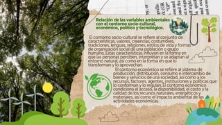 Relación de las variables ambientales
con el contorno socio-cultural,
económico, político y tecnológico.
El contorno socio-cultural se refiere al conjunto de
características, valores, creencias, costumbres,
tradiciones, lenguas, religiones, estilos de vida y formas
de organización social de una población o grupo
humano. Estas características influyen en la forma en
que las personas perciben, interpretan y se adaptan al
entorno natural, así como en la forma en que lo
transforman y lo aprovechan.
El contorno económico se refiere al sistema de
producción, distribución, consumo e intercambio de
bienes y servicios de una sociedad, así como a los
recursos, factores, agentes, instituciones y políticas que
lo conforman y lo regulan. El contorno económico
condiciona el acceso, la disponibilidad, el costo y la
calidad de los recursos naturales, energéticos y
materiales, así como el impacto ambiental de las
actividades económicas.
 