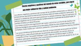 Efectos negativos y positivos del manejo de estas variables, para lograr
una mejor calidad de vida y calidad ambiental.
Los efectos negativos y positivos del manejo de las variables ambientales se refieren a las
consecuencias que tiene la intervención humana sobre el medio ambiente, tanto para
mejorar la calidad de vida como para preservar la calidad ambiental. Algunos ejemplos de
efectos negativos son la contaminación, la deforestación, la pérdida de biodiversidad, el
cambio climático y la desertificación.
Los niveles escalares de organización del medio natural son una forma de clasificar los
sistemas biológicos que existen en la naturaleza, desde los más simples hasta los más
complejos. Estos niveles son: individuo, población, comunidad, ecosistema, bioma y biosfera.
Las zonas climáticas de Venezuela son diversas, ya que este país se encuentra en la Zona
Intertropical, y está influenciado por las presiones del ecuador, los vientos alisios, la
orografía y el mar. Se pueden distinguir cuatro regiones climáticas según la altitud:
tropical, subtropical, templada y fría. La temperatura media anual varía desde los 35 °C en
las zonas bajas hasta los 0 °C en las zonas altas.
 
