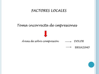 FACTORES LOCALES
Toma incorrecta de impresiones
Áreas de sobre compresión DOLOR
BRUXISMO
 