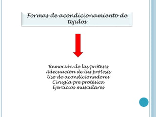 Formas de acondicionamiento de
tejidos
Remoción de las prótesis
Adecuación de las prótesis
Uso de acondicionadores
Cirugía pre protésica
Ejercicios musculares
 