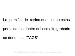 La porción de resina que ocupa estas
porosidades dentro del esmalte grabado
se denomina “TAGS”
Baratieri , LUIZ N./ Restauraciones Adhesivas Directas en Dientes Fracturados.Edit. AMOLCA
 