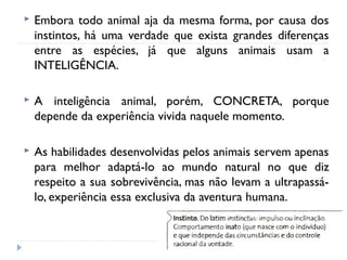  Embora todo animal aja da mesma forma, por causa dos
instintos, há uma verdade que exista grandes diferenças
entre as espécies, já que alguns animais usam a
INTELIGÊNCIA.
 A inteligência animal, porém, CONCRETA, porque
depende da experiência vivida naquele momento.
 As habilidades desenvolvidas pelos animais servem apenas
para melhor adaptá-lo ao mundo natural no que diz
respeito a sua sobrevivência, mas não levam a ultrapassá-
lo, experiência essa exclusiva da aventura humana.
 