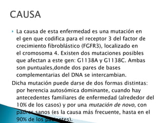 La causa de esta enfermedad es una mutación en el gen que codifica para el receptor 3 del factor de crecimiento fibroblástico (FGFR3), localizado en el cromosoma 4. Existen dos mutaciones posibles que afectan a este gen: G1138A y G1138C. Ambas son puntuales,donde dos pares de bases complementarias del DNA se intercambian. Dicha mutación puede darse de dos formas distintas: por herencia autosómica dominante, cuando hay antecedentes familiares de enfermedad (alrededor del 10% de los casos) y por una  mutación de novo , con padres sanos (es la causa más frecuente, hasta en el 90% de los pacientes). 