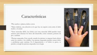 Características
*Pies anchos y planos; dedos cortos
*Mano tridente, una afección en la que hay un espacio extra entre el dedo
medio y el anular
*Tono muscular débil. Los bebés con tono muscular débil pueden tener
retrasos para alcanzar los hitos del desarrollo, como sentarse, ponerse de
pie y caminar.
*Piernas arqueadas. Esto sucede cuando las piernas se arquean hacia afuera
entre los muslos y los tobillos. Las piernas arqueadas pueden causar dolor
y problemas para caminar. Si el arqueamiento o el dolor es grave, se
pueden corregir las piernas arqueadas con cirugía.
 