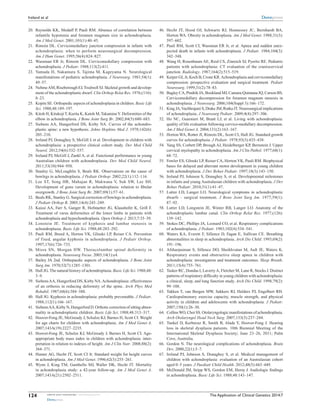The Application of Clinical Genetics 2014:7submit your manuscript | www.dovepress.com
Dovepress
Dovepress
124
Ireland et al
	20.	 Reynolds KK, Modaff P, Pauli RM. Absence of correlation between
infantile hypotonia and foramen magnum size in achondroplasia.
Am J Med Genet. 2001;101(1):40–45.
	21.	 Rimoin DL. Cervicomedullary junction compression in infants with
achondroplasia: when to perform neurosurgical decompression.
Am J Hum Genet. 1995;56(4):824–827.
	22.	 Wassman ER Jr, Rimoin DL. Cervicomedullary compression with
achondroplasia. J Pediatr. 1988;113(2):411.
	23.	 Yamada H, Nakamura S, Tajima M, Kageyama N. Neurological
­manifestations of pediatric achondroplasia. J Neurosurg. 1981;54(1):
49–57.
	24.	 NehmeAM, Riseborough EJ,Tredwell SJ. Skeletal growth and develop-
ment of the achondroplastic dwarf. Clin Orthop Relat Res. 1976;(116):
8–23.
	25.	 Kopits SE. Orthopedic aspects of achondroplasia in children. Basic Life
Sci. 1988;48:189–197.
	26.	 Kitoh H, KitakojiT, Kurita K, Katoh M,TakamineY. Deformities of the
elbow in achondroplasia. J Bone Joint Surg Br. 2002;84(5):680–683.
	27.	 Siebens AA, Hungerford DS, Kirby NA. Curves of the achondro-
plastic spine: a new hypothesis. Johns Hopkins Med J. 1978;142(6):
205–210.
	28.	 Ireland PJ, Donaghey S, McGill J, et al. Development in children with
achondroplasia: a prospective clinical cohort study. Dev Med Child
Neurol. 2012;54(6):532–537.
	29.	 Ireland PJ, McGill J, Zankl A, et al. Functional performance in young
Australian children with achondroplasia. Dev Med Child Neurol.
2011;53(10):944–950.
	30.	 Stanley G, McLoughlin S, Beals RK. Observations on the cause of
bowlegs in achondroplasia. J Pediatr Orthop. 2002;22(1):112–116.
	31.	 Lee ST, Song HR, Mahajan R, Makwana V, Suh SW, Lee SH.
­Development of genu varum in achondroplasia: relation to fibular
overgrowth. J Bone Joint Surg Br. 2007;89(1):57–61.
	32.	 Beals RK, Stanley G. Surgical correction of bowlegs in achondroplasia.
J Pediatr Orthop B. 2005;14(4):245–249.
	33.	 Kaissi AA, Farr S, Ganger R, Hofstaetter JG, Klaushofer K, Grill F.
Treatment of varus deformities of the lower limbs in patients with
­achondroplasia and hypochondroplasia. Open Orthop J. 2013;7:33–39.
	34.	 Lonstein JE. Treatment of kyphosis and lumbar stenosis in
­achondroplasia. Basic Life Sci. 1988;48:283–292.
	35.	 Pauli RM, Breed A, Horton VK, Glinski LP, Reiser CA. ­Prevention
of fixed, angular kyphosis in achondroplasia. J Pediatr Orthop.
1997;17(6):726–733.
	36.	 Misra SN, Morgan HW. Thoracolumbar spinal deformity in
­achondroplasia. Neurosurg Focus. 2003;14(1):e4.
	37.	 Bailey JA 2nd. Orthopaedic aspects of achondroplasia. J Bone Joint
Surg Am. 1970;52(7):1285–1301.
	38.	 Hall JG.The natural history of achondroplasia. Basic Life Sci. 1988;48:
3–9.
	39.	 SiebensAA, Hungerford DS, Kirby NA.Achondroplasia: ­effectiveness
of an orthosis in reducing deformity of the spine. Arch Phys Med
­Rehabil. 1987;68(6):384–388.
	40.	 Hall JG. Kyphosis in achondroplasia: probably preventable. J Pediatr.
1988;112(1):166–167.
	41.	 SiebensAA, Kirby N, Hungerford D. Orthotic correction of sitting abnor-
mality in achondroplastic children. Basic Life Sci. 1988;48:313–317.
	42.	 Hoover-Fong JE, McGready J, Schulze KJ, Barnes H, Scott CI. Weight
for age charts for children with achondroplasia. Am J Med Genet A.
2007;143A(19):2227–2235.
	43.	 Hoover-Fong JE, Schulze KJ, McGready J, Barnes H, Scott CI. Age-
appropriate body mass index in children with ­achondroplasia: inter-
pretation in relation to indexes of height. Am J Clin Nutr. 2008;88(2):
364–371.
	44.	 Hunter AG, Hecht JT, Scott CI Jr. Standard weight for height curves
in achondroplasia. Am J Med Genet. 1996;62(3):255–261.
	45.	 Wynn J, King TM, Gambello MJ, Waller DK, Hecht JT. Mortality
in achondroplasia study: a 42-year follow-up. Am J Med Genet A.
2007;143A(21):2502–2511.
	46.	 Hecht JT, Hood OJ, Schwartz RJ, Hennessey JC, Bernhardt BA,
Horton WA. Obesity in achondroplasia. Am J Med Genet. 1988;31(3):
597–602.
	47.	 Pauli RM, Scott CI, Wassman ER Jr, et al. Apnea and sudden unex-
pected death in infants with achondroplasia. J Pediatr. 1984;104(3):
342–348.
	48.	 Wang H, Rosenbaum AE, Reid CS, Zinreich SJ, Pyeritz RE. Pediatric
patients with achondroplasia: CT evaluation of the craniocervical
­junction. Radiology. 1987;164(2):515–519.
	49.	 Keiper GL Jr, Koch B, Crone KR.Achondroplasia and cervicomedullary
compression: prospective evaluation and surgical treatment. Pediatr
Neurosurg. 1999;31(2):78–83.
	50.	 Bagley CA, Pindrik JA, Bookland MJ, Camara-Quintana JQ, Carson BS.
Cervicomedullary decompression for foramen magnum stenosis in
achondroplasia. J Neurosurg. 2006;104(Suppl 3):166–172.
	51.	 King JA,Vachhrajani S, Drake JM, Rutka JT. Neurosurgical implications
of achondroplasia. J Neurosurg Pediatr. 2009;4(4):297–306.
	52.	 Ho NC, Guarnieri M, Brant LJ, et al. Living with achondroplasia:
quality of life evaluation following cervico-medullary decompression.
Am J Med Genet A. 2004;131(2):163–167.
	53.	 Horton WA, Rotter JI, Rimoin DL, Scott CI, Hall JG. Standard growth
curves for achondroplasia. J Pediatr. 1978;93(3):435–438.
	54.	 Yang SS, Corbett DP, Brough AJ, Heidelberger KP, Bernstein J. Upper
cervical myelopathy in achondroplasia. Am J Clin Pathol. 1977;68(1):
68–72.
	55.	 Fowler ES, Glinski LP, Reiser CA, Horton VK, Pauli RM. Biophysical
bases for delayed and aberrant motor development in young children
with achondroplasia. J Dev Behav Pediatr. 1997;18(3):143–150.
	56.	 Ireland PJ, Johnson S, Donaghey S, et al. Developmental milestones
in infants and young Australasian children with achondroplasia. J Dev
Behav Pediatr. 2010;31(1):41–47.
	57.	 Lutter LD, Langer LO. Neurological symptoms in achondroplastic
dwarfs – surgical treatment. J Bone Joint Surg Am. 1977;59(1):
87–92.
	58.	 Lutter LD, Longstein JE, Winter RB, Langer LO. Anatomy of the
achondroplastic lumbar canal. Clin Orthop Relat Res. 1977;(126):
139–142.
	59.	 Stokes DC, Phillips JA, Leonard CO, et al. Respiratory complications
of achondroplasia. J Pediatr. 1983;102(4):534–541.
	60.	 Waters KA, Everett F, Sillence D, Fagan E, Sullivan CE. Breathing
abnormalities in sleep in achondroplasia. Arch Dis Child. 1993;69(2):
191–196.
	61.	 Afsharpaiman S, Sillence DO, Sheikhvatan M, Ault JE, Waters K.
Respiratory events and obstructive sleep apnea in children with
achondroplasia: investigation and treatment outcomes. Sleep Breath.
2011;15(4):755–761.
	62.	 Tasker RC, Dundas I, LavertyA, Fletcher M, Lane R, Stocks J. Distinct
patterns of respiratory difficulty in young children with achondroplasia:
a clinical, sleep, and lung function study. Arch Dis Child. 1998;79(2):
99–108.
	63.	 Takken T, van Bergen MW, Sakkers RJ, Helders PJ, Engelbert RH.
Cardiopulmonary exercise capacity, muscle strength, and physical
activity in children and adolescents with achondroplasia. J Pediatr.
2007;150(1):26–30.
	64.	 CollinsWO, Choi SS. Otolaryngologic manifestations of ­achondroplasia.
Arch Otolaryngol Head Neck Surg. 2007;133(3):237–244.
	65.	 Tunkel D, Kerbavaz R, Smith B, Alade Y, Hoover-Fong J. ­Hearing
loss in skeletal dysplasia patients. 10th Biennial Meeting of the
­International Skeletal Dysplasia Society; June 23–26, 2011; Palm
Cove, Australia.
	66.	 Gordon N. The neurological complications of achondroplasia. Brain
Dev. 2000;22(1):3–7.
	67.	 Ireland PJ, Johnson S, Donaghey S, et al. Medical management of
children with achondroplasia: evaluation of an Australasian cohort
aged 0–5 years. J Paediatr Child Health. 2012;48(5):443–449.
	68.	 McDonald JM, Seipp WS, Gordon EM, Heroy J. Audiologic findings
in achondroplasia. Basic Life Sci. 1988;48:143–147.
 