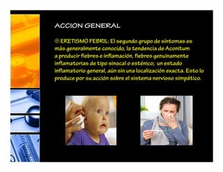 ACCION GENERAL
⊕ ERETISMO FEBRIL: El segundo grupo de síntomas es
más generalmente conocido, la tendencia de Aconitum
a producir fiebres e inflamación, fiebres genuinamente
inflamatorias de tipo sinocal o esténico; un estado
inflamatorio general, aún sin una localización exacta. Esto lo
produce por su acción sobre el sistema nervioso simpático.
 