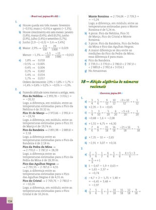 104 
Brasil real, páginas 91 e 92. 
1. 
a) Houve queda em três meses: fevereiro 
(20,5%), maio (20,5%) e agosto (21,3%). 
b) Houve crescimento em seis meses: janeiro 
(1,8%), março (0,4%), abril (0,2%), junho 
(2,9%), julho (1,4%) e setembro (1,7%). 
c) Junho [2,9 – (20,5) 5 3,4 R 3,4%] 
d) Maior: 2,9% R 
2 9 
100 
29 
1000 
, 
5 5 0,029 
1 3 2 
100 
Menor: 21,3% R 2 
5 
13 
1000 
, 
5 20,013 
e) 1,8% R 0,018 
20,5% R 20,005 
0,4% R 0,004 
0,2% R 0,002 
1,4% R 0,014 
1,7% R 0,017 
Ordem decrescente: 2,9% . 1,8% . 1,7% . 
.1,4% . 0,4% . 0,2% . 20,5% . 21,3%. 
2. 
a) Fazendo altitude nova menos a antiga, vem: 
Pico da Neblina R 2 993,78 2 3 014,1 5 
5 220,32 
Logo, a diferença, em módulo, entre as 
temperaturas estimadas para o Pico da 
Neblina é de 20,32 m. 
Pico 31 de Março R 2 972,66 2 2 992,4 5 
5 219,74 
Logo, a diferença, em módulo, entre as 
temperaturas estimadas para o Pico 31 
de Março é de 19,74 m. 
Pico da Bandeira R 2 891,98 2 2 889,8 5 
5 2,18 
Logo, a diferença entre as 
temperaturas estimadas para o Pico da 
Bandeira é de 2,18 m. 
Pico da Pedra da Mina R 
R 2 770,0 2 2 787,0 5 28,39 
Logo, a diferença entre as 
temperaturas estimadas para o Pico da 
Pedra da Mina é de 28,39 m. 
Pico das Agulhas Negras R 
R 2 791,55 2 2 787,0 5 4,55 
Logo, a diferença entre as 
temperaturas estimadas para o Pico 
das Agulhas Negras é de 4,55 m. 
Pico do Cristal R 2 769,76 2 2 780,0 5 
5 210,24 
Logo, a diferença, em módulo, entre as 
temperaturas estimadas para o Pico 
Cristal é de 10,24 m. 
Monte Roraima R 2 734,06 2 2 739,3 5 
5 25,24 
Logo, a diferença, em módulo, entre as 
temperaturas estimadas para o Monte 
Roraima é de 5,24 m. 
b) 4 picos: Pico da Neblina, Pico 31 
de Março, Pico do Cristal e Monte 
Roraima. 
c) 3 picos: Pico da Bandeira, Pico da Pedra 
da Mina e Pico das Agulhas Negras. 
d) A maior diferença se deu entre as 
medições do Pico da Pedra da Mina; 
essa diferença é para mais. 
e) Pico da Bandeira. 
f) 2 739,3  2 770,0  2 780,0  2 787,0  
 2 889,8  2 992,4  3 014,1 
g) No Amazonas. 
18 – Adição algébrica de números 
racionais 
Exercícios, página 94. 
1. 
a) 2 1 52 1 5 
2 1 
51 
3 
4 
5 
6 
9 
12 
10 
12 
9 10 
12 
1 
12 
b) 12,35 2 3 5 20,65 
c) 2 1 52 1 5 
2 1 
51 
1 
4 
3 
10 
5 
20 
6 
20 
5 6 
20 
1 
20 
d) 20,48 2 1,6 5 22,08 
e) 11,55 1 4,75 5 16,30 
f) 2 1 52 1 5 
2 1 
52 
7 
6 
8 
9 
21 
18 
16 
18 
21 16 
18 
5 
18 
g) 17,35 2 10 5 22,65 
h) 22,91 1 3,07 5 10,16 
2. 
a) 2 
3 
5 
6 
1 
2 
4 
6 
5 
6 
3 
6 
4 1 5 2 
3 
6 
6 
6 
1 2 5 1 2 5 5 51 
1 
2 
3 
5 
6 
1 
2 
4 
6 
5 
6 
3 
6 
4 1 5 2 
3 
6 
6 
6 
1 2 5 1 2 5 5 51 
1 
b) 1 2 0,47 2 1,9 1 0,63 5 
5 1,63 2 2,37 5 
5 20,74 
c) 24,7 1 2 2 1,75 1 1,48 5 
5 26,45 1 3,48 5 
5 22,97 
d) 7 
9 
5 
6 
2 
3 
1 
2 
14 
18 
15 
18 
12 
18 
9 
18 
14 15 12 18 2 2 1 5 2 2 1 5 
2 2  