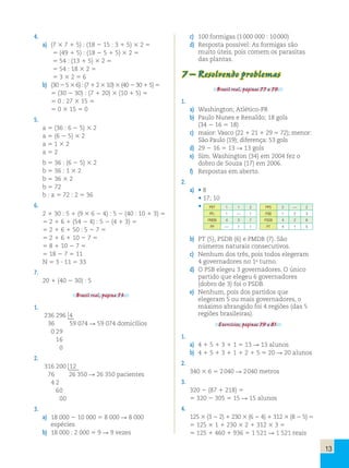 13 
4. 
a) (7 3 7 1 5) : (18 2 15 : 3 1 5) 3 2 5 
5 (49 1 5) : (18 2 5 1 5) 3 2 5 
5 54 : (13 1 5) 3 2 5 
5 54 : 18 3 2 5 
5 3 3 2 5 6 
b) (30 2 5 3 6) : (7 1 2 3 10) 3 (40 2 30 1 5) 5 
5 (30 2 30) : (7 1 20) 3 (10 1 5) 5 
5 0 : 27 3 15 5 
5 0 3 15 5 0 
5. 
a 5 (36 : 6 2 5) 3 2 
a 5 (6 2 5) 3 2 
a 5 1 3 2 
a 5 2 
b 5 36 : (6 2 5) 3 2 
b 5 36 : 1 3 2 
b 5 36 3 2 
b 5 72 
b : a 5 72 : 2 5 36 
6. 
2 1 30 : 5 1 (9 3 6 2 4) : 5 2 (40 : 10 1 3) 5 
5 2 1 6 1 (54 2 4) : 5 2 (4 1 3) 5 
5 2 1 6 1 50 : 5 2 7 5 
5 2 1 6 1 10 2 7 5 
5 8 1 10 2 7 5 
5 18 2 7 5 11 
N 5 3 ? 11 5 33 
7. 
20 1 (40 2 30) : 5 
Brasil real, página 73. 
1. 
236 296  
 4 
3 6 59 074 R 59 074 domicílios 
0 2 9 
1 6 
0 
2. 
316 2 0 0  
 1 
 2 
7 6 26 350 R 26 350 pacientes 
4 2 
6 0 
0 0 
3. 
a) 18 000 2 10 000 5 8 000 R 8 000 
espécies 
b) 18 000 : 2 000 5 9 R 9 vezes 
c) 100 formigas (1 000 000 : 10 000) 
d) Resposta possível: As formigas são 
muito úteis, pois comem os parasitas 
das plantas. 
7 – Resolvendo problemas 
Brasil real, páginas 77 a 79. 
1. 
a) Washington; Atlético-PR 
b) Paulo Nunes e Renaldo; 18 gols 
(34 2 16 5 18) 
c) maior: Vasco (22 1 21 1 29 5 72); menor: 
São Paulo (19); diferença: 53 gols 
d) 29 2 16 5 13 R 13 gols 
e) Sim. Washington (34) em 2004 fez o 
dobro de Souza (17) em 2006. 
f) Respostas em aberto. 
2. 
a) • 8 
• 17; 10 
• PDT 1 1 2 
PFL 1 — 1 
PMDB 4 3 7 
PP — 1 1 
PPS 2 — 2 
PSB 1 2 3 
PSDB 4 2 6 
PT 4 1 5 
b) PT (5), PSDB (6) e PMDB (7). São 
números naturais consecutivos. 
c) Nenhum dos três, pois todos elegeram 
4 governadores no 1o turno. 
d) O PSB elegeu 3 governadores. O único 
partido que elegeu 6 governadores 
(dobro de 3) foi o PSDB. 
e) Nenhum, pois dos partidos que 
elegeram 5 ou mais governadores, o 
máximo abrangido foi 4 regiões (das 5 
regiões brasileiras). 
Exercícios, páginas 79 a 81. 
1. 
a) 4 1 5 1 3 1 1 5 13 R 13 alunos 
b) 4 1 5 1 3 1 1 1 2 1 5 5 20 R 20 alunos 
2. 
340 3 6 5 2 040 R 2 040 metros 
3. 
320 2 (87 1 218) 5 
5 320 2 305 5 15 R 15 alunos 
4. 
125 3 (3 2 2) 1 230 3 (6 2 4) 1 312 3 (8 2 5) 5 
5 125 3 1 1 230 3 2 1 312 3 3 5 
5 125 1 460 1 936 5 1 521 R 1 521 reais 
 