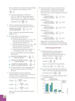 168 
Daí a razão entre o perímetro do quadrado 
1 e o perímetro do quadrado 2 será: 
80 
2 
120 
 
3 c) A área do quadrado 1 é 400 cm2 
(20  20  400); a área do quadrado 2 
é 900 cm2 (30  30  900). Daí a razão 
entre a área do quadrado 1 e a área do 
quadrado 2 será: 400 
900 
4 
9  
5. Tendo a equipe disputado 60 pontos e 
acumulado 45 pontos, podemos escrever: 
pontos acumulados 
45 
3 
   
0,75 
pontos disputados 60 
4 
Logo, o índice de aproveitamento dessa 
equipe é 0,75. 
6. a) De acordo com o esquema, as 
quantidades de lajotas são: 
• Total de lajotas pretas  2  20 5 40, 
pois há 20 colunas verticais com 
2 lajotas pretas cada uma. 
• Total de lajotas brancas  8  20 5 160, 
pois há 20 colunas verticais com 
8 lajotas brancas cada uma. 
• Total de lajotas brancas e pretas  
 200 lajotas (160 1 40 5 200). 
Para o revestimento serão necessárias 
200 lajotas. 
b) número de lajotas pretas 
40 
200 
total de lajotas   
1 
5 
c) número de lajotas brancas 
160 
200 
total de lajotas   
4 
5 
d) número de lajotas pretas 
número de lajotas brancas  
40 
160 
1 
4  
e) A razão obtida no item d significa que, 
para cada lajota preta, há 4 lajotas 
brancas. 
7. Do enunciado vem que o índice de 
produtividade é a razão entre o lucro (L) e 
o número de funcionários (n). 
De acordo com a tabela, podemos escrever: 
• 2008  
L 
68000 
n  16 
 
4250 
• 2009  
L 
54000 
n   12 
 
4500 
• 2010  
L 
86400 
n   20 
 
4320 
Logo, o índice de produtividade foi maior 
em 2009. 
8. Do enunciado vem que a razão entre o 
fluxo de saída e o fluxo de entrada de 
água expressa a eficiência do sistema. 
De acordo com a tabela, podemos escrever: 
• Sistema I  
 fluxo de saída 
15 
45 
fluxo de entrada   
1 
3 
0,33 
• Sistema II  
 fluxo de saída 
10 
40 
1 
4 
fluxo de entrada    
0,25 
• Sistema III  
 fluxo de saída 
5 
40 
1 
8 
fluxo de entrada    
0,125 
• Sistema IV  
 fluxo de saída 
10 
20 
1 
2 
fluxo de entrada    
0,5 
• Sistema V  
 fluxo de saída 
5 
20 
1 
4 
fluxo de entrada    
0,25 
Logo, entre os sistemas testados pela 
indústria, o que apresenta maior eficiência 
é o sistema IV, pois apresenta a maior razão. 
Brasil real, páginas 237 e 238. 
1. 
a) Determinando as razões entre a 
população estimada de 2050 e a 
população estimada de 2007 para os 
Estados Unidos e o Brasil, temos: 
• Estados Unidos  410 
300 
41 
30  
• Brasil  250 
190 
25 
19  
Logo, a maior razão é a dos Estados 
Unidos, pois 41 
30 
1 37 
25 
19 
 ,  1,32. 
b) A razão entre a população da Índia em 
2007 e a previsão da população indiana 
em 2050 será de: 1130 
1530 
113 
153  . 
c) De acordo com a tabela, podemos fazer 
o seguinte gráfico: 
República 
População 
2 000 
1500 
1000 
500 
Popular da China 
Índia Estados 
Unidos 
Brasil 
2007 
2050 
População estimada 
em milhões de habitantes 
0 
Países 
Editoria de arte 
 