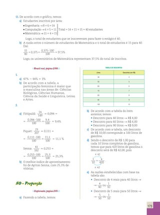 173 
11. De acordo com o gráfico, temos: 
a) Estudantes inscritos por área: 
• Engenharia 
→ 
• Computação 
→ 
• 
Matemática 
8  6 5 
14 
6  5 5 
11 
→ 
 
  
  
11 4 15 
14 11 15 40 
 5 
Total5   5 estudantes 
Logo, o total de estudantes que se inscreveram para fazer o estágio é 40. 
b) A razão entre o número de estudantes de Matemática e o total de estudantes é 15 para 40. 
Daí: 
15 
40 
 
5 0 375 
5 37 5 
0 375 100 
, 5 
100 
, 
, % 
Logo, os universitários de Matemática representam 37,5% do total de inscritos. 
Brasil real, página 250. 
1. 
a) 47% 2 44% 5 3% 
b) De acordo com a tabela, a 
participação feminina é maior que 
a masculina nas áreas de: Ciências 
Biológicas, Ciências Humanas, 
Ciência da Saúde e Linguística, Letras 
e Artes. 
2. 
a) Fittipaldi: 
14 
149 
. 0,094 5 
5 
0 094 100 
,  , 
100 
9 4 
100 
5 5 9,4% 
Piquet: 
23 
207 
. 0,111 5 
5 
0 111 100 
,  , 
100 
11 1 
100 
5 5 11,1 % 
Senna: 
41 
162 
. 0,253 5 
5 
0 253 100 
,  , 
100 
25 3 
100 
5 5 25,3% 
b) O melhor índice de aproveitamento 
foi de Ayrton Senna, com 25,3% de 
vitórias. 
50 - Proporção 
Explorando, página 251. 
a) Fazendo a tabela, temos: 
Tabela de descontos 
Litros Descontos (em R$) 
40 4 
50 5 
60 6 
70 7 
80 8 
90 9 
100 10 
b) De acordo com a tabela do item 
anterior, temos: 
• Desconto para 40 litros R R$ 4,00 
• Desconto para 60 litros R R$ 6,00 
• Desconto para 90 litros R R$ 9,00 
c) De acordo com a tabela, um desconto 
de R$ 10,00 corresponde a 100 litros de 
gasolina. 
d) Sendo o desconto de R$ 1,00 para 
cada 10 litros completos de gasolina, 
temos que para 420 litros de gasolina o 
desconto será de R$ 42,00, pois 
3 42 
1 
10 420 5 
x . 
3 42 
e) As razões estabelecidas com base na 
tabela são: 
• Desconto de 4 reais para 40 litros R 
R 
4 
40 
1 
10 
ou 
• Desconto de 5 reais para 50 litros R 
R 
5 
50 
1 
10 
ou 
 