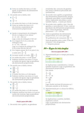 189 
d) Como as razões dos itens a e b são 
iguais, as grandezas são diretamente 
proporcionais. 
2. De acordo com a tabela, vem: 
a) 2 
6 
1 
3 5 
b) 15 
5 
53 
c) As razões dos itens a e b são inversas. 
d) Como as razões dos itens a e b 
são inversas, as grandezas são 
inversamente proporcionais. 
3. 
a) Sendo o comprimento do retângulo 
40 cm e a largura 8 cm, temos: 
A 5 8 ? 40 5 320 cm2 
Logo, a área do retângulo é 320 cm2. 
b) Se a largura for 6 cm, a área do 
retângulo será: 
A 5 6 ? 40 5 240 cm2 
Logo, se a largura do retângulo for 
6 cm a área será de 240 cm2. 
c) Se a largura passar de 8 cm para 6 cm, 
a razão será: 
8 
6 
4 
3 5 
d) As áreas variam na razão: 
320 
240 
4 
3 5 
e) As razões dos itens c e d são iguais. 
f) Podemos verificar nos itens c e d que 
as razões são iguais, logo as grandezas 
são diretamente proporcionais. 
4. De acordo com a tabela, temos: 
a) 
150 
200 
3 
4 5 
b) 
300 
400 
3 
4 5 
c) A razões dos itens a e b são iguais. 
d) Podemos verificar nos itens a e b que 
as razões são iguais, logo as grandezas 
são diretamente proporcionais. 
5. De acordo com a tabela, temos: 
a) 60 
50 
6 
5 5 
b) 80 
96 
5 
6 5 
c) As razões dos itens a e b são inversas. 
d) Podemos verificar nos itens a e b que as 
razões são inversas, logo as grandezas 
são inversamente proporcionais. 
Desafio!, páginas 281 e 282. 
1. De acordo com o gráfico, as grandezas 
envolvidas são: consumo de gasolina 
(em litros) e distância percorrida (em 
quilômetros). 
2. De acordo com o gráfico, as grandezas 
são diretamente proporcionais, porque, 
dobrando uma delas, a outra também 
dobra; triplicando uma delas, a outra 
também triplica... e assim por diante. 
3. De acordo com o gráfico, com 1 litro de 
gasolina, o carro percorre 15 km, como as 
grandezas são diretamente proporcionais, 
com 7 litros de gasolina, Fabrício 
percorrerá 7 ? 15 5 105 km. 
4. Como as grandezas são diretamente 
proporcionais, se o carro percorrer 
90 quilômetros ele consumirá 
90 
15 
56 
litros de gasolina, pois a cada 15 km ele 
consome 1 litro de gasolina. 
• Resposta pessoal. 
54 – Regra de três simples 
Exercícios, páginas 284 e 285. 
1. Representando por x o tempo procurado, 
temos: 
Tempo Clientes 
5 3 
x 36 
Se duplicarmos o atendimento, o tempo 
também duplicará. Logo, as grandezas são 
diretamente proporcionais. 
Daí, temos: 
5 
x 
3 5 
36 3x 5 5 ? 36 
3x 5 180 
x 5 
180 
3 
x 5 60 
Logo, Onofre vai levar 60 minutos ou 1 
hora para atender os 36 clientes. 
2. Representando por x a altura do edifício, 
temos: 
Altura (m) Sombra (m) 
2 0,8 
x 12 
Se duplicarmos a sombra, também 
duplicará a altura. 
Logo, as grandezas são diretamente 
proporcionais. 
 