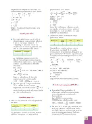 195 
as grandezas tempo e total de caixas são 
inversamente proporcionais. Daí, temos: 
4 
5 
240 ? 5 → 
20 
240 
6 
3 
x 18 
5 x 20x 5 18 ∙ 240 
20x 5 4 320 
x 5 
4320 
20 
x 5 216 
Logo, o funcionário mais devagar leva 
216 caixas. 
Desafio!, página 289. 
a) Do enunciado temos que, o total de 
cimento gasto para construir a laje de 
6 cm de espessura foi de 30 ? 40 5 
5 1 200 kg de cimento. Sendo x a 
quantidade de cimento gasto em uma 
laje de 5 cm de espessura, temos: 
Espessura (cm) Aumento (kg) 
6 1 200 
5 x 
As grandezas espessura e cimento 
são diretamente proporcionais, pois 
dobrando a espessura da laje também 
dobrará a quantidade de cimento 
utilizado. 
Daí, temos: 
6 
1200 
x x 5 ? → 5 
5 040x 5 100 ∙ 630 
5 040x 5 63 000 
x 5 
? ? → 5 5 x 
5 6 51200 6 6000 6000 
? ? → 5 5 x 
5 5 ? 5 5 51000 
6 
x 
⇒ x ⇒ x ⇒x 
51200 6 6000 6000 
? 5 5 51000 
6 
⇒ x ⇒x 
Logo, se a laje fosse de 5 cm de 
espessura seria economizado 
1 200 2 1 000 5 200 kg de cimento. 
b) Se cada saco de cimento contivesse 
50 kg e a laje tivesse 5 cm de 
espessura, seriam utilizados 
1000 
50 
520 
sacos de cimento, pois a laje precisaria 
de 1 000 kg de cimento. 
Brasil Real, página 290. 
1. Sendo x o número de celulares, podemos 
escrever: 
Número de 
celulares (milhões) 
Dias Residências 
100 28 1 260 
x 7 630 
As grandezas número de celulares, número 
de dias e residências são diretamente 
proporcionais. Daí, temos: 
100 28 
7 
180 
1260 
630 
100 5040 
630 1 
63000 
5040 
x 5 12,5 
Logo, 12,5 milhões de celulares sendo 
carregados simultaneamente utilizam 
a energia que pode abastecer por uma 
semana 630 residências. 
2. Chamando de x o número de livros 
procurado, temos: 
Minutos por mês 
Usuários 
(milhões) 
Livros Páginas 
80 100 4 900 000 475 
16 2 x 95 
As grandezas minutos por mês, número 
de usuários e quantidade de livros são 
inversamente proporcionais. Enquanto as 
grandezas número de páginas e quantidade de 
livros são inversamente proporcionais. Daí, 
temos: 
80 
100 
95 
4900000 95000 
16 
2 
475 
1900 
490000 
40 
4 
25 
1 
0 
x 
80 
16 
100 
2 
95 
475 
4900000 95000 
1900 
490000 
40 
4 
25 
1 
0 
x 
95 000x 5 1 900 ∙ 4 900 000 
95 000x 5 9 310 000 000 
9310000000 
x 5 
95000 
x 5 98 000 
Logo, seriam necessários 98 000 livros. 
Tratando a Informação, páginas 290 e 291. 
1. 
a) Em cada 100 entrevistados, 18 
afirmaram trabalhar em empresas 
que estimulam a amizade entre 
funcionários. 
Para 300 000 entrevistados, 
54 000 fariam tal afirmação, pois 
18 300000 
18 
100 
%de → ?300000554000 
b) Do resultado, temos que menos de uma 
em cinco pessoas considera-se amiga 
do chefe. Sendo x o número de pessoas 
que se considera amiga do chefe em 
um grupo de 55 pessoas, temos: 
 
