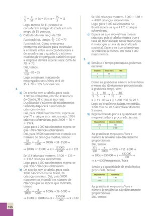 ⇒ x ⇒ x ⇒x 0 
x ⇒ x ⇒ x ⇒⇒x ⇒x megawatts 5 5 
⇒ x ⇒ x ⇒x 0 
196 
1 
5 55 
5 55 55 
5 5 5 511 
5 
x ⇒ x ⇒x 
Logo, menos de 11 pessoas se 
consideram amigas do chefe em um 
grupo de 55 pessoas. 
c) Calculando um terço de 210 
funcionários, temos: 
1 
3 
?210570 
funcionários. Como a empresa 
promoveu atividades para estimular 
a amizade entre seus colaboradores e 
de acordo com o quadro I, o número 
máximo de empregados satisfeitos que 
a empresa deverá esperar será: (50% de 
70)  70. 
Daí, temos: 
50 
100 
?70535 
Logo, o número máximo de 
empregados satisfeitos será de 
35 1 70 5 105 funcionários. 
2. 
a) De acordo com a tabela, para cada 
1 000 nascimentos, em São Francisco 
do Conde, 38 crianças morrem. 
Duplicando o número de nascimentos 
também duplicará o número de 
crianças mortas. 
Daí, para 2 000 nascimentos, espera-se 
que 76 crianças morram, ou seja, 1 924 
crianças sobrevivam, pois 2 000 2 76 5 
5 1 924. 
Logo, para 2 000 nascimentos espera-se 
que 1 924 crianças sobrevivam. 
Daí, para 3 500 nascimentos e sendo x o 
número de crianças mortas, temos: 
38 
1000 3500 
x ⇒ 1000 x 38 3500 ⇒ 1000 x 133000 ⇒x 13300 
0 
5 5 ? 5 5 
1000 
⇒x5133 
1000 38 3500 1000 133000 13300 
5 ? 5 5 
1000 
⇒x5133 
Se 133 crianças morrem, 3 500 2 133 5 
5 3 367 crianças sobrevivem. 
Logo, para 3 500 nascimentos espera-se 
que 3 367 crianças sobrevivam. 
b) De acordo com a tabela, para cada 
1 000 nascimentos no Brasil, 26 
crianças morrem. Daí, para 5 000 
nascimentos e sendo x o número de 
crianças que se espera que morram, 
temos: 
26 
1000 5000 
x ⇒ x ⇒ x ⇒ 
630000 
100 
x ⇒ 1000 x 26 5000 ⇒ 1000 x 130000 ⇒x 13000 
0 
5 5 ? 5 5 
1000 
⇒x5130 
1000 26 5000 1000 130000 13000 
5 ? 5 5 
1000 
⇒x5130 
Se 130 crianças morrem, 5 000 2 130 5 
5 4 870 crianças sobrevivem. 
Logo, para 5 000 nascimentos no 
Brasil espera-se que 4 870 crianças 
sobrevivam. 
c) Espera-se que sobrevivam menos 
crianças, pois a tabela mostra que a 
taxa de mortalidade nesse município 
é maior que a taxa de mortalidade 
nacional. Espera-se que sobrevivam 
12 crianças a menos, em cada 1 000 
nascimentos. 
3. 
a) Sendo x o tempo procurado, podemos 
escrever: 
Brasileiro Tempo (min.) Mês 
1 80 1 
3 x 5 
Como as grandezas número de brasileiros 
e meses são diretamente proporcionais 
à grandeza tempo, vem: 
1 
1 
80 ? 5 → 
1 
80 
3 
5 
x 15 
5 x x 5 15 ∙ 80 ⇒ x 5 1 200 min ou 20 h 
Logo, os brasileiros falam, em média, 
1 200 min ou 20 h ao celular durante 
5 meses. 
b) Representando por x a quantidade de 
megawatts/hora procurada, temos: 
Megawatts/hora Celulares (milhões) 
315 100 
x 2 000 
As grandezas megawatts/hora e 
número de celulares são diretamente 
proporcionais. 
Daí, temos: 
315 
100 2000 
5 100 5315?2000 100 5630000 
315 
100 2000 
5 100 5315?2000 100 5630000 
630000 
100 
6300 ⇒x5 ⇒x5 6300 megawatts / 
hora 
Sendo y a quantidade de residências 
procurada, temos: 
Megawatts/hora Residências 
315 1 260 
6 300 y 
As grandezas megawatts/hora e 
número de residências são diretamente 
proporcionais. 
Daí, temos: 
 