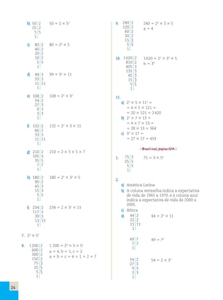 24 
b) 50 2 
25 2 
5 5 
1 
50 5 2 3 52 
c) 80 2 
40 2 
20 2 
10 2 
5 5 
1 
80 5 24 3 5 
d) 99 3 
33 3 
11 11 
1 
99 5 32 3 11 
e) 108 2 
54 2 
27 3 
9 3 
3 3 
1 
108 5 22 3 33 
f) 132 2 
66 2 
33 3 
11 11 
1 
132 5 22 3 3 3 11 
g) 210 2 
105 3 
35 5 
7 7 
1 
210 5 2 3 3 3 5 3 7 
h) 180 2 
90 2 
45 3 
15 3 
5 5 
1 
180 5 22 3 32 3 5 
i) 234 2 
117 3 
39 3 
13 13 
1 
234 5 2 3 32 3 13 
7. 23 3 53 
8. 1 200 2 
600 2 
300 2 
150 2 
75 3 
25 5 
5 5 
1 
1 200 5 24 3 3 3 52 
a 5 4, b 5 1, c 5 2 
a 1 b 1 c 5 4 1 1 1 2 5 7 
9. 240 2 
120 2 
60 2 
30 2 
15 3 
5 5 
1 
240 5 24 3 3 3 5 
x 5 4 
10. 1 620 2 
810 2 
405 3 
135 3 
45 3 
15 3 
5 5 
1 
1 620 5 22 3 34 3 5 
n 5 34 
11. 
a) 22 3 5 3 112 5 
5 4 3 5 3 121 5 
5 20 3 121 5 2 420 
b) 22 3 7 3 13 5 
5 4 3 7 3 13 5 
5 28 3 13 5 364 
c) 33 3 17 5 
5 27 3 17 5 459 
Brasil real, página 124. 
1. 75 3 
25 5 
5 5 
1 
75 5 3 3 52 
2. 
a) América Latina 
b) A coluna vermelha indica a expectativa 
de vida de 1965 a 1970, e a coluna azul 
indica a expectativa de vida de 2000 a 
2005. 
c) África 
d) 44 2 
22 2 
11 11 
1 
44 5 22 3 11 
49 7 
7 7 
1 
49 5 72 
54 2 
27 3 
9 3 
3 3 
1 
54 5 2 3 33 
 