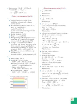 247 
6. Juro ao mês: 931  2 5 465,50 reais 
Total: 0,019 ? x 5 465,50 ⇒ 
⇒ x5 5 
465 50 
0 019 
24500 
, 
, 
reais 
Tratando a informação, páginas 169 e 170. 
1. 
a) Gráfico de colunas triplas ou de 
múltiplas colunas ou de colunas 
comparativas. 
b) Maior superfície: região Norte (45,3%) 
Mais recursos hídricos: 
região Norte (68,5%) 
2a menor concentração de população: 
região Norte (8,0%) 
c) Região Nordeste (3,3%) 
d) Região Sudeste (42,0%) 
e) Não, pois a região Norte possui a maior 
superfície (45,3%) e a segunda menor 
concentração de população (6,98%). 
f) A região Sudeste tem 6% do total 
brasileiro, que por sua vez tem 12% do 
total mundial, logo, a região Sudeste 
tem 6% de 12% da água do planeta, ou 
seja, 0,06 ? 0,12 5 0,0072 ou 0,72%. 
g) Não. Maiores recursos hídricos: região 
Norte (68,5%) 
Maior população: região Sudeste (42%). 
2. 
a) Resposta em aberto. 
b) • Geleiras e neves eternas: 
0,689 ? 0,025 . 0,0172 ou 1,72%. 
• Rios e lagos: 0,003 ? 0,025 . 0,000075 
ou 0,0075% aproximadamente. 
• Águas subterrâneas: 
0,299 ? 0,025 . 0,0075 ou 0,75%. 
• Solos, pântanos e geadas: 
0,009 ? 0,025 . 0,000225 ou 0,0225%. 
3. 
Retomando o que aprendeu, páginas 170 e 171. 
1. 1 
5 
50,2 ou 20% 
Alternativa c. 
2. Alternativa a. 
3. 15 
375 
50,04 ou 4% 
Alternativa c. 
4. V 5 3,5 ? 2,5 ? 2 5 17,5 m3 
Falta 20% da capacidade para encher: 
0,20 ? 17,5 5 3,5. 
 3,5 ? 1 000 5 3 500 L 
Alternativa e. 
5. Número de meninos (x) menos 3 é igual a 
60% do número de meninas (y). 
(x – 3) 5 0,6 ? y 
x 1 y 5 35 ⇒ y 5 35 − y 
 x − 3 5 0,6 ? (35 − x) ⇒ 
⇒ x − 3 5 21 − 0,6x ⇒ x 1 0,6x 5 21 1 3 ⇒ 
⇒ 1,6x 5 24 ⇒ x5 5 
24 
1 6 
15 
, 
 A classe tem 15 meninos. 
Alternativa d. 
6. 0,3 ? 0,4 ? 0,5 5 0,06 ou 6%. 
Alternativa d. 
7. Antes da liquidação: 
60 1 0,2 ? 60 5 60 1 12 5 72 reais. 
Durante a liquidação: 
Desconto: 0,2 ? 72 5 14,40 reais. 
Preço: 72 − 14,40 5 57,60 reais. 
Alternativa d. 
8. Juro ao mês: 0,04 ? 2 400 5 96 reais 
Alternativa c. 
9. Juro ao mês: 310  10 5 31 reais 
31 
0 05 
Preço: 0,05 ? x 5 31 ⇒ x5 5 
620 
, 
reais 
Alternativa b. 
10. Juro pago: 49 000 − 25 000 5 24 000 reais 
Juro pago ao mês: 24 000  20 5 1 200 
Taxa: x ? 25 000 5 1 200 ⇒ 
⇒ x5 5 
1200 
25000 
0,048 ou 4,8% a.m. 
Alternativa d. 
Distribuição de água no corpo humano 
sangue 
rins 
coração 
músculos 
fígado 
pulmões 
cérebro 
81% 
83% 
75% 
75% 
86% 
86% 
75% 
 