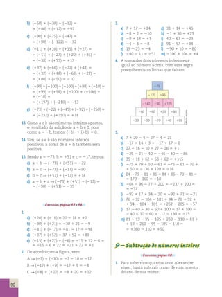 275 
2170 195 
2140 230 1125 
280 260 130 195 
230 250 210 140 155 
Editoria de arte 
90 
b) (250) 1 (230) 1 (212) 5 
5 (280) 1 (212) 5 292 
c) (190) 1 (275) 1 (247) 5 
5 (190) 1 (2122) 5 232 
d) (211) 1 (120) 1 (135) 1 (227) 5 
5 (211) 1 (227) 1 (120) 1 (135) 5 
5 (238) 1 (155) 5 117 
e) (132) 1 (268) 1 (222) 1 (148) 5 
5 (132) 1 (148) 1 (268) 1 (222) 5 
5 (180) 1 (290) 5 210 
f) (199) 1 (2100) 1 (2100) 1 (198) 1 (210) 5 
5 (199) 1 (198) 1 (2100) 1 (2100) 1 
1 (210) 5 
5 (1197) 1 (2210) 5 213 
g) (273) 1 (222) 1 (245) 1 (292) 1 (1250) 5 
5 (2232) 1 (1250) 5 118 
13. Como a e b são números inteiros opostos, 
o resultado da adição de a 1 b é 0, pois 
como a 5 2b, temos: (2b) 1 (1b) 5 0. 
14. Sim; se a e b são números inteiros 
positivos, a soma de a 1 b também será 
positiva. 
15. Sendo a 5 273, b 5 151 e c 5 217, temos: 
a) a 1 b R (273) 1 (151) 5 222 
b) a 1 c R (273) 1 (217) 5 290 
c) b 1 c R (151) 1 (217) 5 134 
d) a 1 b 1 c R (273) 1 (151) 1 (217) 5 
5 (290) 1 (151) 5 239 
Exercícios, páginas 55 e 56. 
1. 
a) (120) 1 (218) 5 20 2 18 5 12 
b) (230) 1 (121) 5 230 1 21 5 29 
c) (281) 1 (217) 5 281 2 17 5 298 
d) (137) 1 (152) 5 37 1 52 5 189 
e) (215) 1 (122) 1 (26) 5 215 1 22 2 6 5 
5 215 2 6 1 22 5 221 1 22 5 11 
2. De acordo com a figura, vem: 
A R (27) 1 (210) 5 27 2 10 5 217 
B R (217) 1 (19) 5 217 1 9 5 28 
C R (28) 1 (120) 5 28 1 20 5 112 
3. 
a) 7 1 17 5 124 g) 31 1 14 5 145 
b) 28 2 2 5 210 h) 21 1 30 5 129 
c) 29 1 14 5 15 i) 40 2 63 5 223 
d) 24 2 4 5 28 j) 91 2 57 5 134 
e) 19 2 23 5 24 l) 290 1 10 5 280 
f) 240 2 11 5 251 m) 2100 1 104 5 14 
4. A soma dos dois números inferiores é 
igual ao número acima; com essa regra 
preenchemos as linhas que faltam: 
5. 
a) 7 1 20 2 4 5 27 2 4 5 23 
b) 217 1 14 1 3 5 217 1 17 5 0 
c) 27 2 16 2 10 5 27 2 26 5 11 
d) 225 2 21 2 40 5 246 2 40 5 286 
e) 35 1 18 1 62 5 53 1 62 5 1115 
f) 275 1 70 1 50 2 61 5 275 2 61 1 70 1 
1 50 5 2136 1 120 5 216 
g) 84 2 79 2 81 1 86 5 84 1 86 2 79 2 81 5 
5 170 2 160 5 110 
h) 264 2 96 2 77 1 200 5 2237 1 200 5 
5 237 
i) 292 1 17 1 34 1 20 5 292 1 71 5 221 
j) 76 1 92 2 104 2 101 1 94 5 76 1 92 1 
1 94 2 104 2 101 5 1262 2 205 5 157 
l) 17 2 40 2 30 2 60 1 100 5 17 1 100 2 
2 40 2 30 2 60 5 117 2 130 5 213 
m) 81 1 19 2 95 2 105 1 260 2 110 5 81 1 
1 19 1 260 2 95 2 105 2 110 5 
5 1360 2 310 5 150 
9 – Subtração de números inteiros 
Exercícios, página 58. 
1. Para sabermos quantos anos Alexandre 
viveu, basta subtrair o ano de nascimento 
do ano de sua morte: 
 