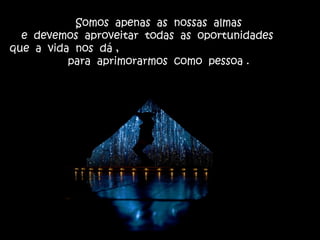 Somos apenas as nossas almas
e devemos aproveitar todas as oportunidades
que a vida nos dá ,
para aprimorarmos como pessoa .
 
