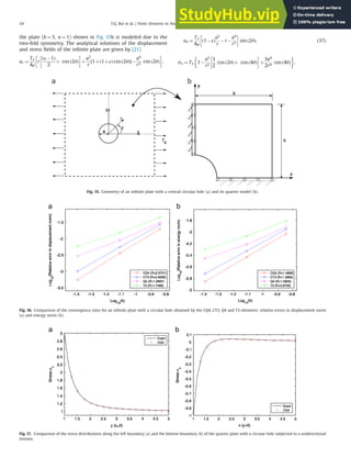 the plate (b ¼ 5; a ¼ 1) shown in Fig. 15b is modeled due to the
two-fold symmetry. The analytical solutions of the displacement
and stress ﬁelds of the inﬁnite plate are given by [21]
ur ¼
Tx
4μ
r
ðκ 1Þ
2
þ cos ð2θÞ
 
þ
a2
r
½1þð1þκÞ cos ð2θÞŠ
a4
r3
cos ð2θÞ
 
;
uθ ¼
Tx
4μ
ð1 κÞ
a2
r
r
a4
r3
 
sin ð2θÞ; ð37Þ
sx ¼ Tx 1
a2
r2
3
2
cos ð2θÞþ cos ð4θÞ
 
þ
3a4
2r4
cos ð4θÞ

;
Fig. 15. Geometry of an inﬁnite plate with a central circular hole (a) and its quarter model (b).
Fig. 16. Comparison of the convergence rates for an inﬁnite plate with a circular hole obtained by the CQ4, CT3, Q4 and T3 elements: relative errors in displacement norm
(a) and energy norm (b).
Fig. 17. Comparison of the stress distributions along the left boundary (a) and the bottom boundary (b) of the quarter plate with a circular hole subjected to a unidirectional
tension.
T.Q. Bui et al. / Finite Elements in Analysis and Design 84 (2014) 14–31
24
 