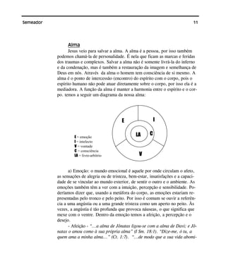 11Semeador
Alma
Jesus veio para salvar a alma. A alma é a pessoa, por isso também
podemos chamá-la de personalidade. É nela que ficam as marcas e feridas
dos traumas e complexos. Salvar a alma não é somente livrá-la do inferno
e da condenação, mas é também a restauração da imagem e semelhança de
Deus em nós. Através da alma o homem tem consciência de si mesmo. A
alma é o ponto de intercessão (encontro) do espírito com o corpo, pois o
espírito humano não pode atuar diretamente sobre o corpo, por isso ela é a
mediadora. A função da alma é manter a harmonia entre o espírito e o cor-
po. temos a seguir um diagrama da nossa alma:
a) Emoção: o mundo emocional é aquele por onde circulam o afeto,
as sensações de alegria ou de tristeza, bem-estar, insatisfações e a capaci-
dade de se vincular ao mundo exterior, de sentir o outro e o ambiente. As
emoções também têm a ver com a intuição, percepção e sensibilidade. Po-
deríamos dizer que, usando a metáfora do corpo, as emoções estariam re-
presentadas pelo tronco e pelo peito. Por isso é comum se ouvir a referên-
cia a uma angústia ou a uma grande tristeza como um aperto no peito. Às
vezes, a angústia é tão profunda que provoca náuseas, o que significa que
mexe com o ventre. Dentro da emoção temos a afeição, a percepção e o
desejo.
- Afeição - “...a alma de Jônatas ligou-se com a alma de Davi; e Jô-
natas o amou como à sua própria alma” (I Sm. 18:1). “Dize-me, ó tu, a
quem ama a minha alma...” (Ct. 1:7). “...de modo que a sua vida abomi-
CLA
IE
V
E = emoção
I = intelecto
V = vontade
C = consciência
LA = livre-arbítrio
 